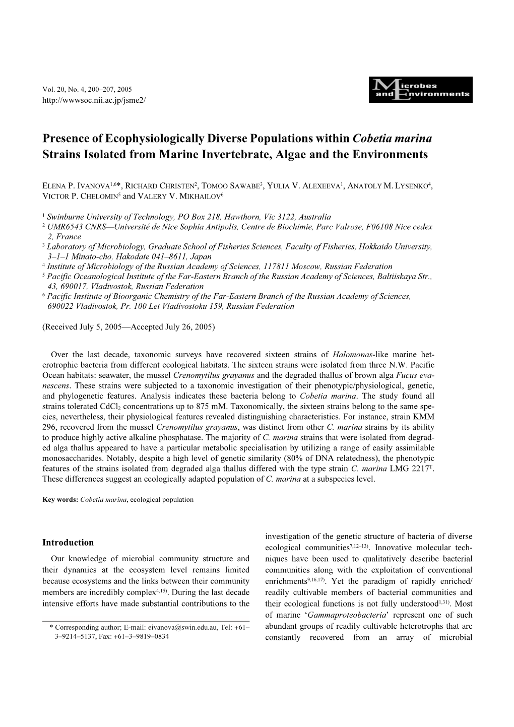 Presence of Ecophysiologically Diverse Populations Within Cobetia Marina Strains Isolated from Marine Invertebrate, Algae and the Environments