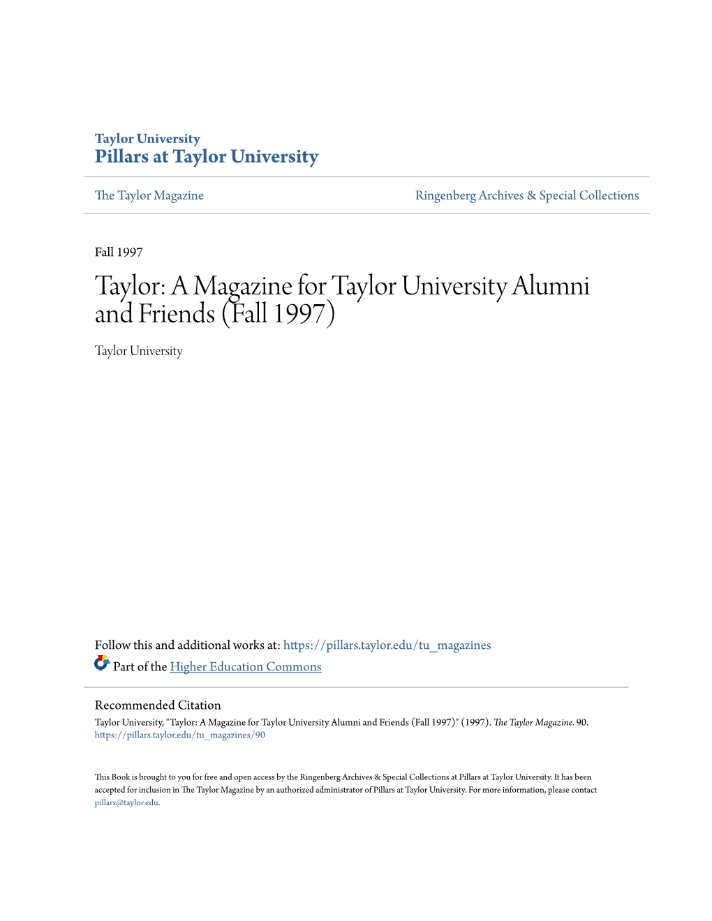 A Magazine for Taylor University Alumni and Friends (Fall 1997) Taylor University