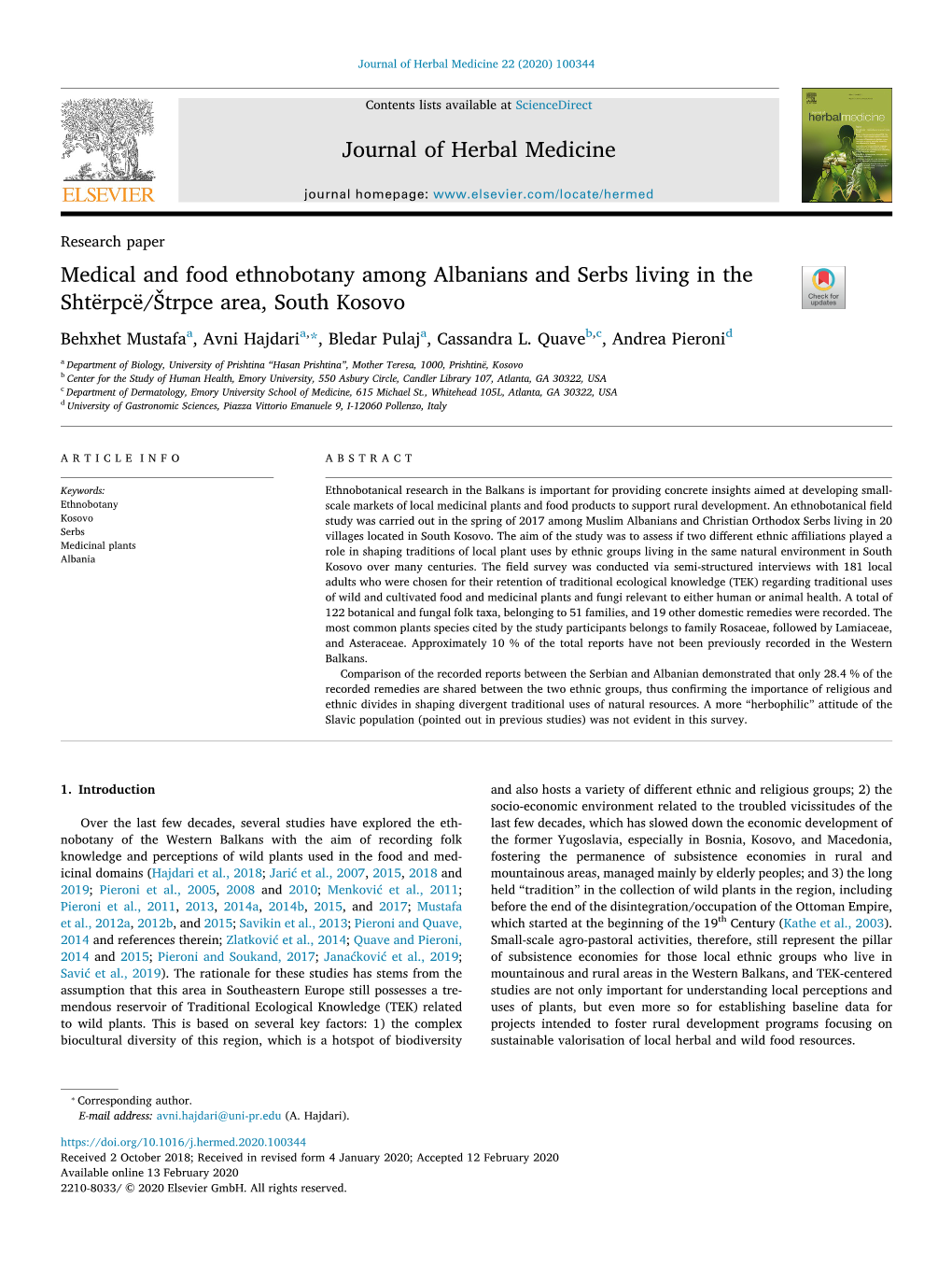 Medical and Food Ethnobotany Among Albanians and Serbs Living in the Shtërpcë/Štrpce Area, South Kosovo