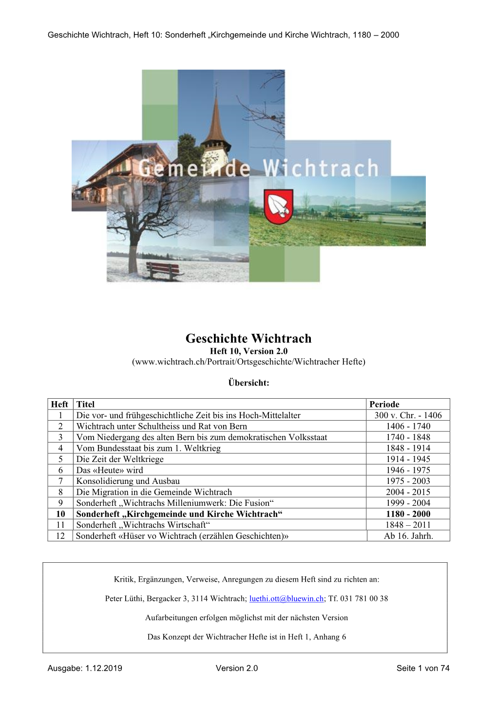 Geschichte Wichtrach, Heft 10: Sonderheft „Kirchgemeinde Und Kirche Wichtrach, 1180 – 2000