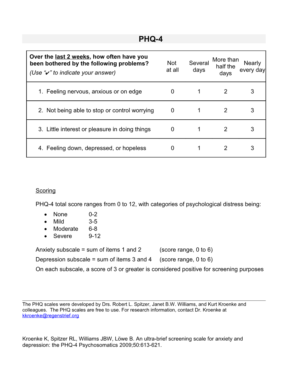 PHQ-4 Total Score Ranges from 0 to 12, with Categories of Psychological Distress Being