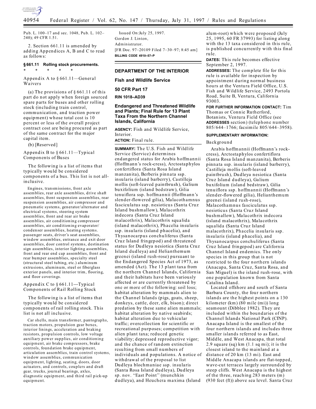 Final Rule for 13 Plant Taxa from the Northern Channel Islands, California