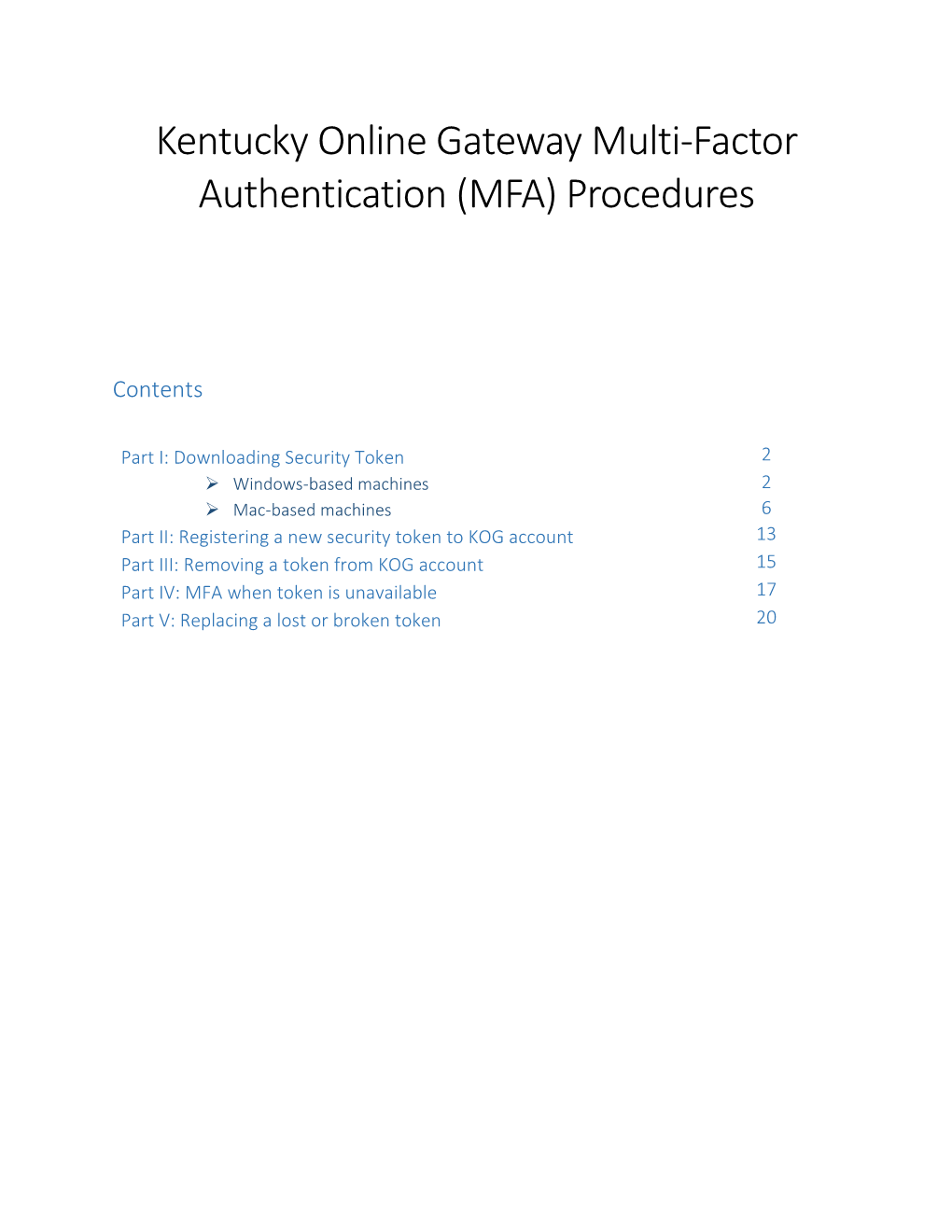 Kentucky Online Gateway Multi-Factor Authentication (MFA) Procedures