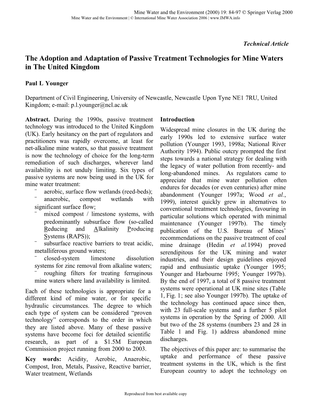 The Adoption and Adaptation of Passive Treatment Technologies for Mine Waters in the United Kingdom