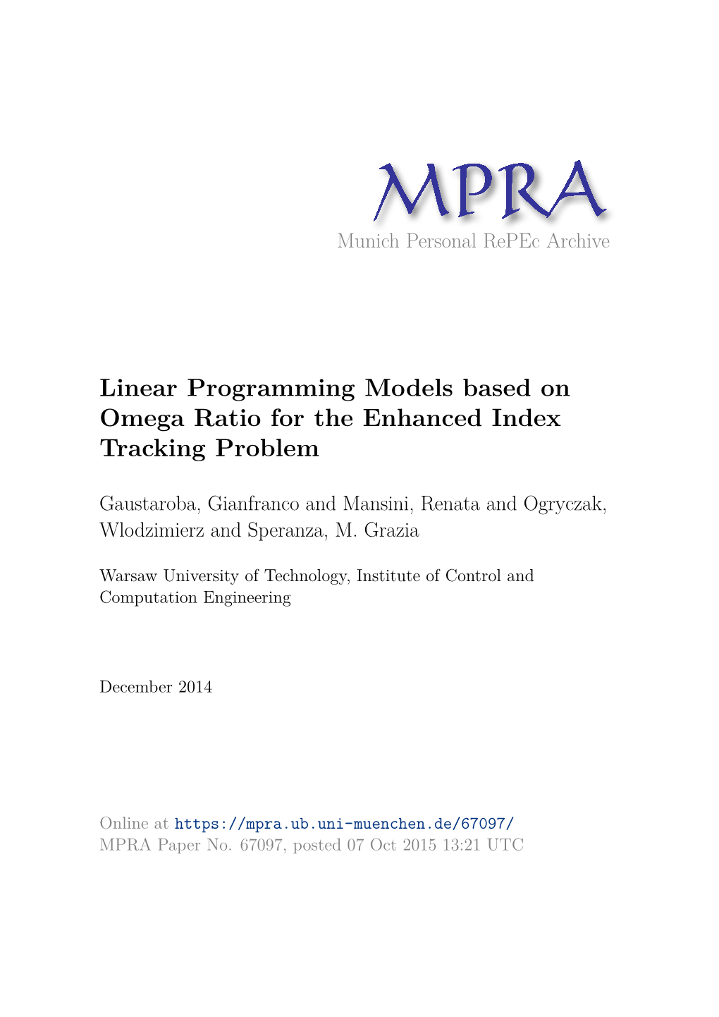 Linear Programming Models Based on Omega Ratio for the Enhanced Index Tracking Problem
