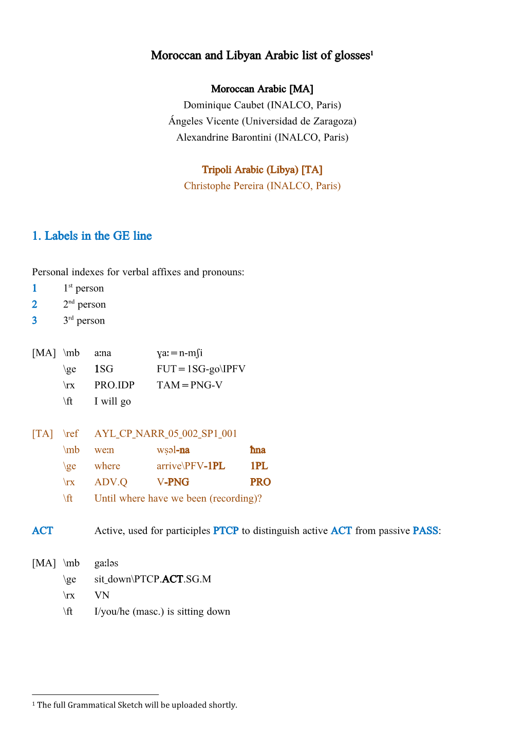 Moroccan and Libyan Arabic List of Glosses1 1. Labels in the GE Line