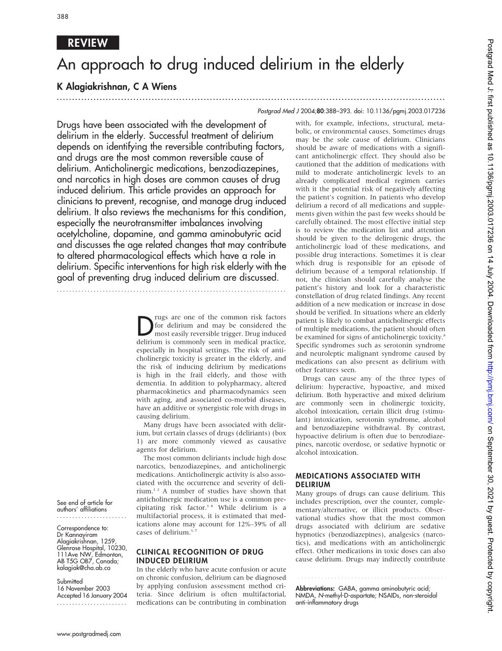 An Approach to Drug Induced Delirium in the Elderly K Alagiakrishnan, C a Wiens