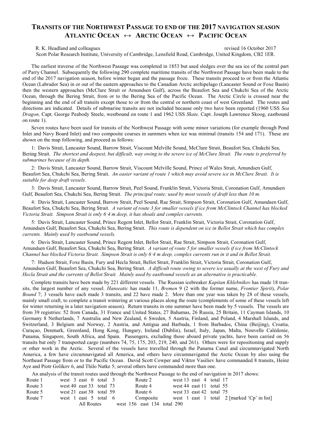 Transits of the Northwest Passage to End of the 2017 Navigation Season Atlantic Ocean ↔ Arctic Ocean ↔ Pacific Ocean