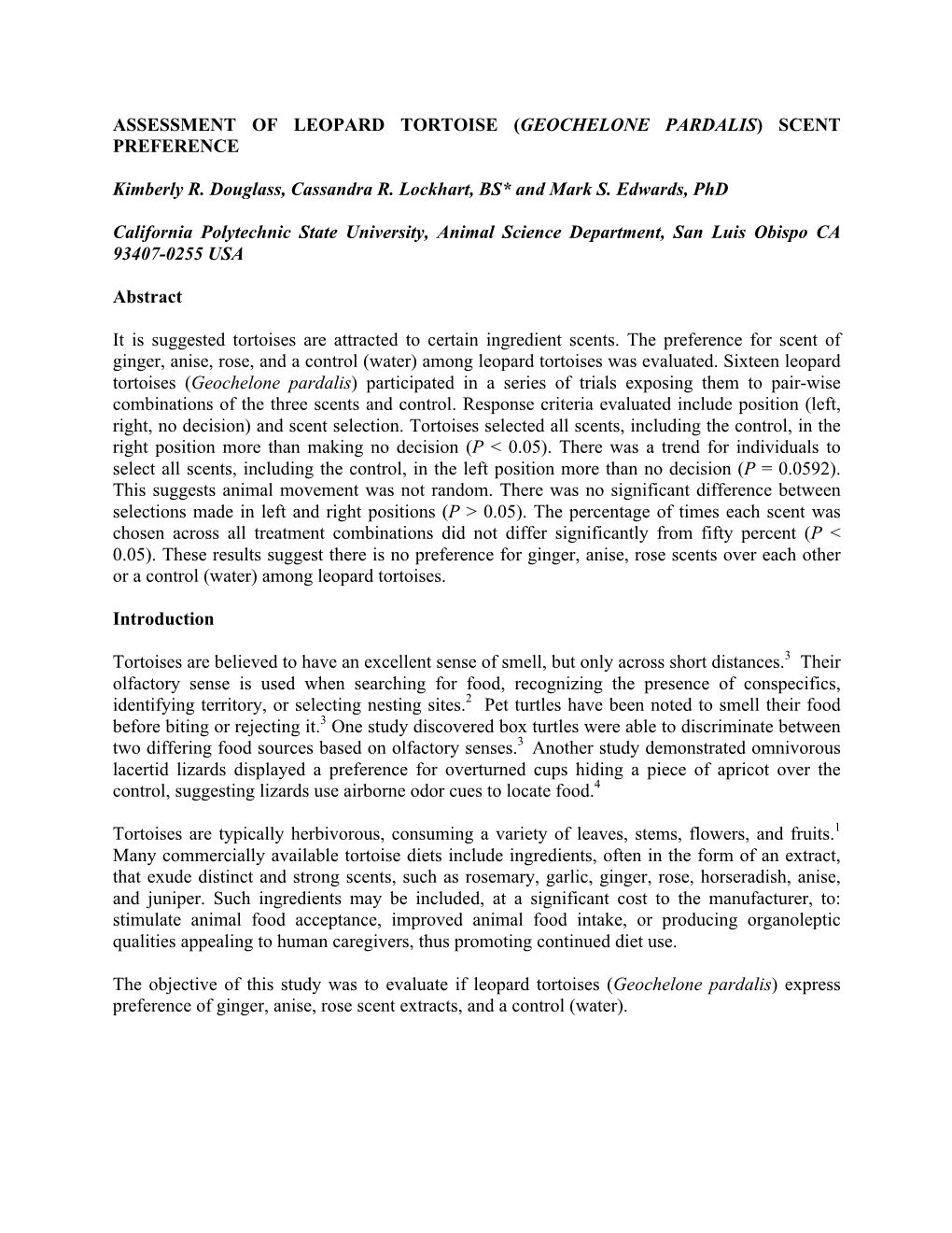 Assessment of Leopard Tortoise (Geochelone Pardalis) Scent Preference