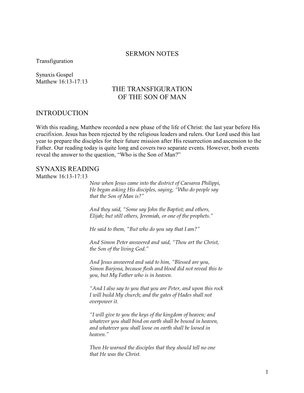 SERMON NOTES Transfiguration