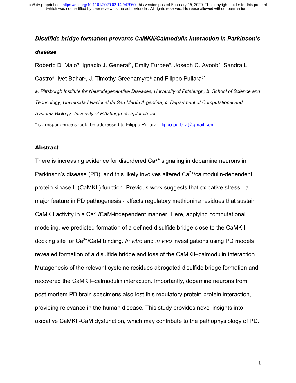 1 Disulfide Bridge Formation Prevents Camkii/Calmodulin Interaction In