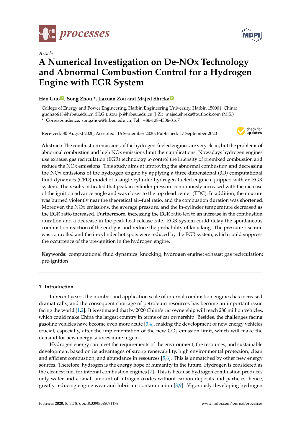 A Numerical Investigation on De-Nox Technology and Abnormal Combustion Control for a Hydrogen Engine with EGR System