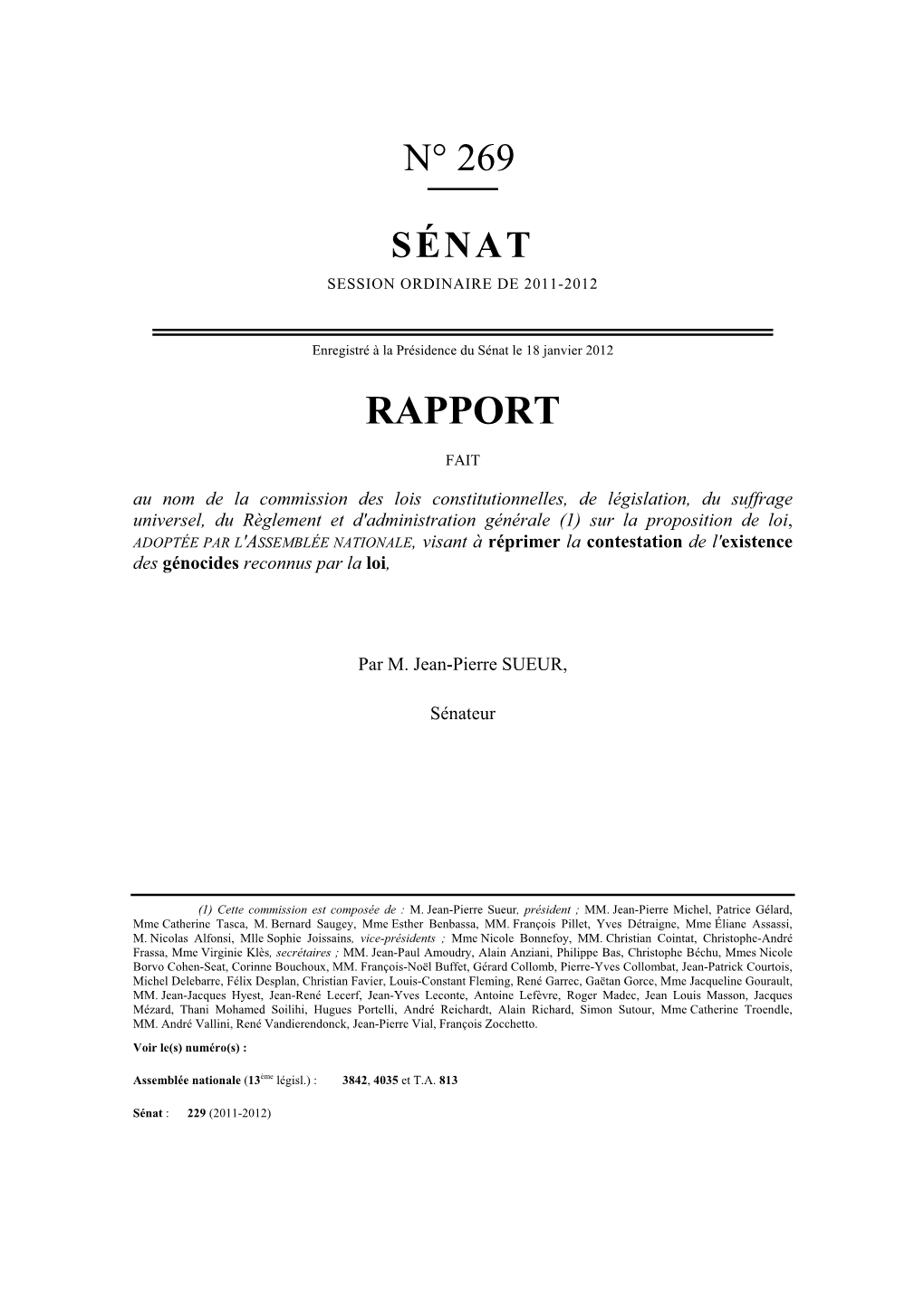 Rapport De Jean-Pierre Sueur À La Commission