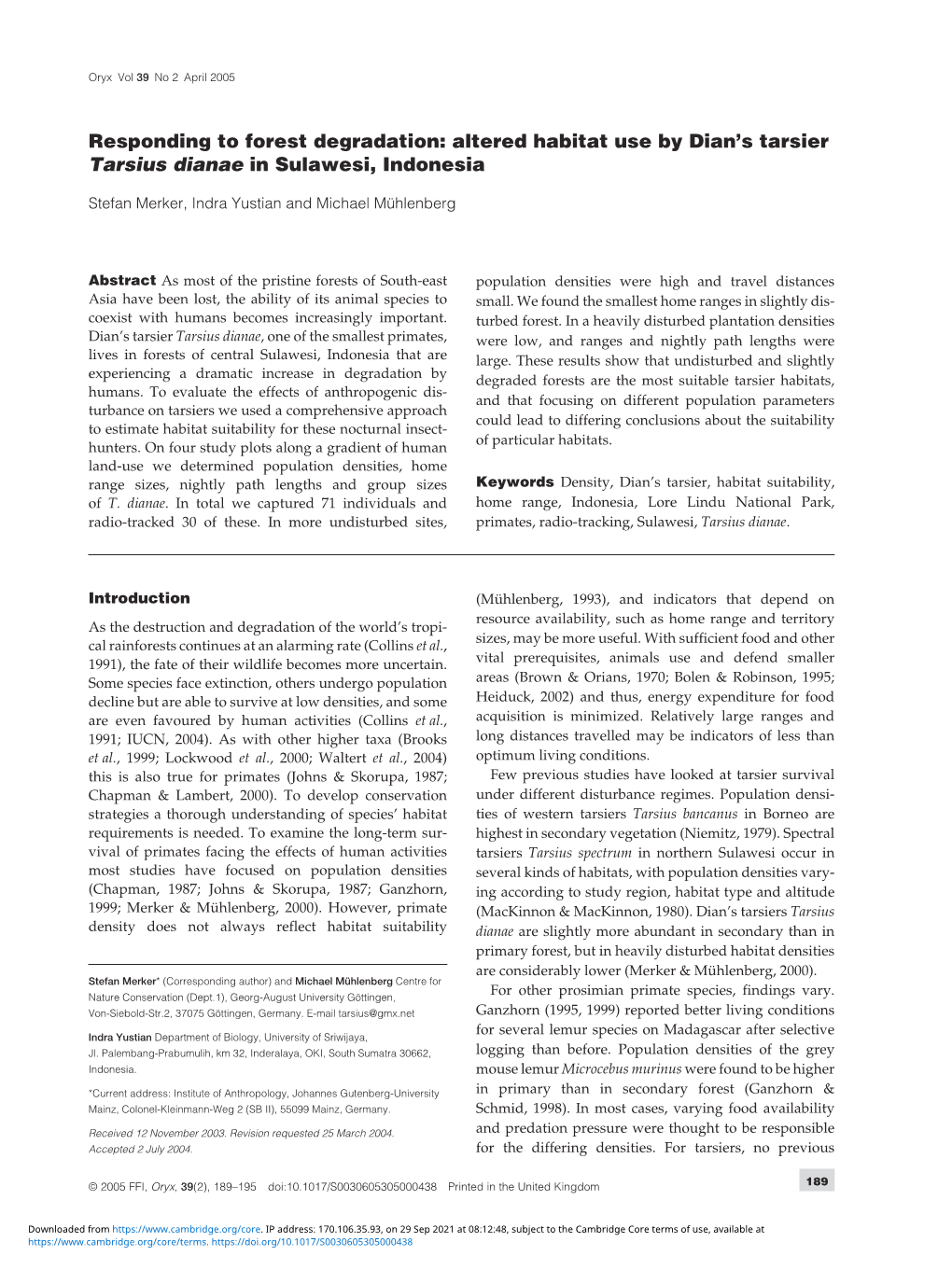 Altered Habitat Use by Dian's Tarsier