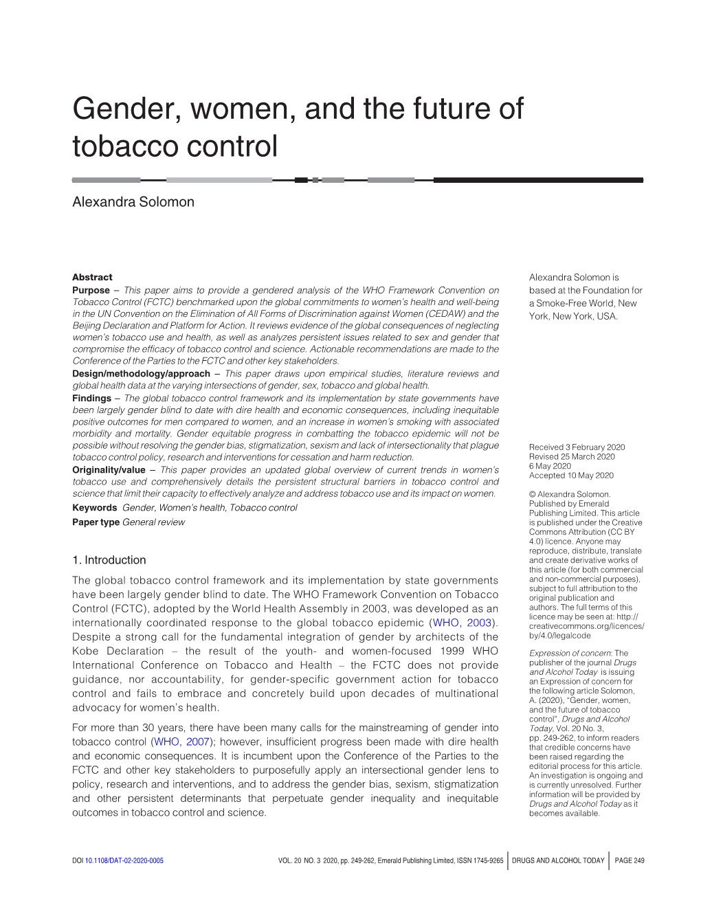 Gender, Women, and the Future of Tobacco Control