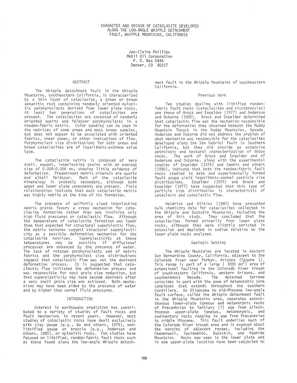 Character and Origin of Cataclasite Developed Along the Low-Angle Whipple Detachment Fault, Whipple Mountains, California