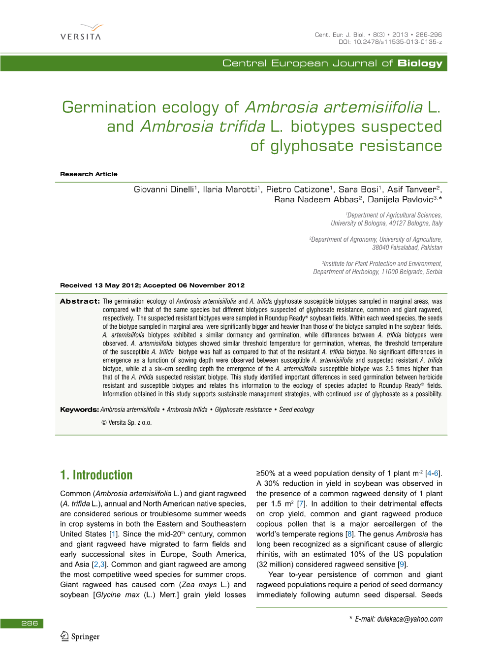 Germination Ecology of Ambrosia Artemisiifolia L. and Ambrosia Trifida L