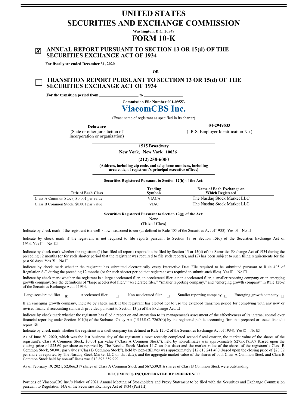 Fiscal Year 2020 Annual Report on Form 10-K