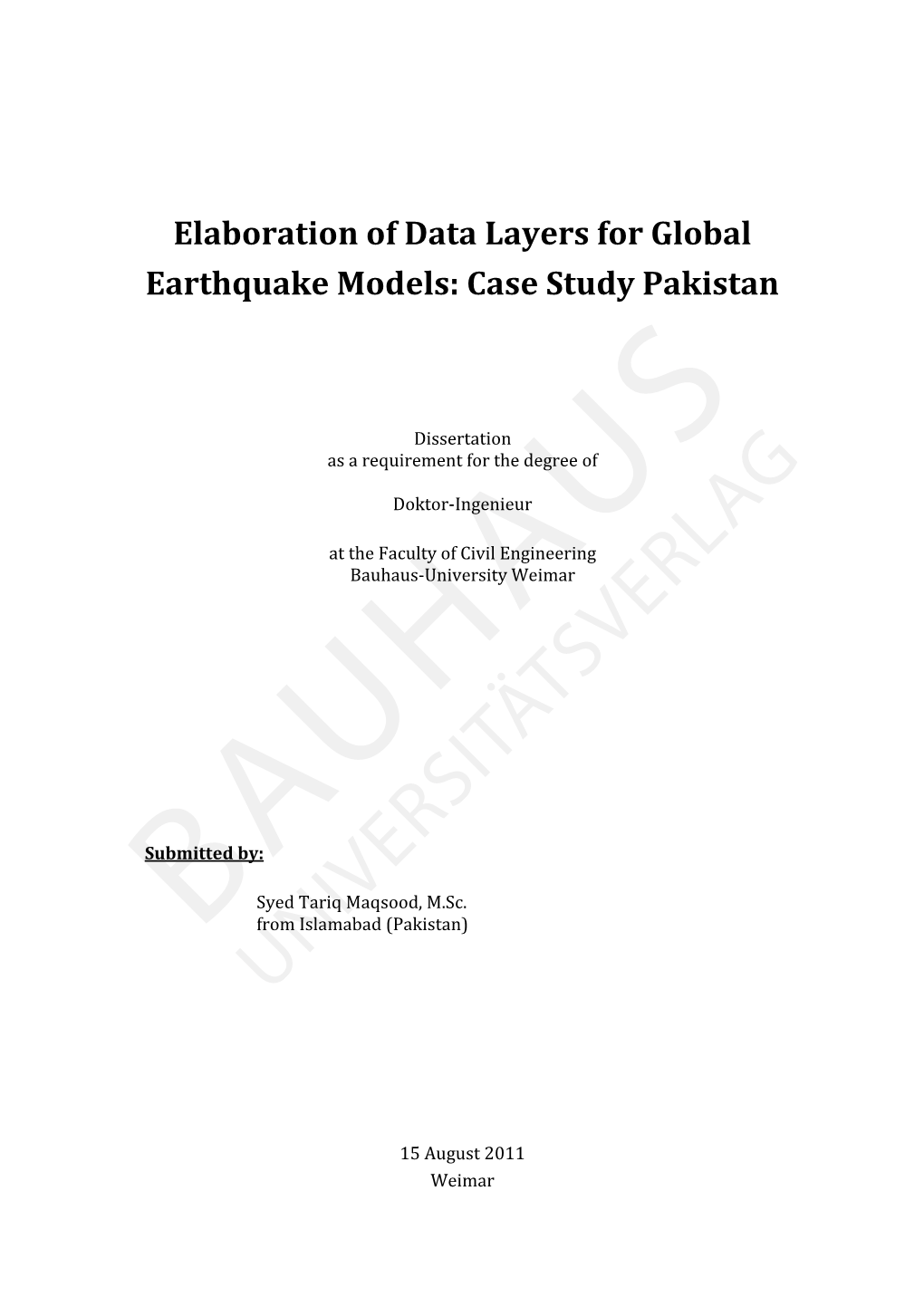 Elaboration of Data Layers for Global Earthquake Models: Case Study Pakistan