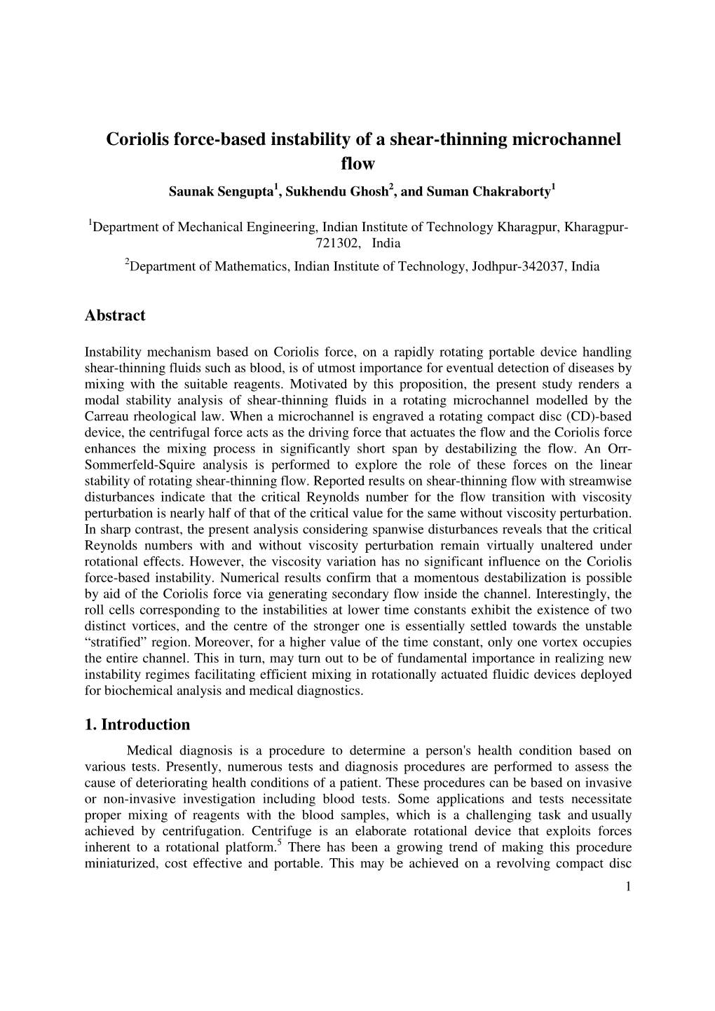 Coriolis Force-Based Instability of a Shear-Thinning Microchannel Flow Saunak Sengupta 1, Sukhendu Ghosh 2, and Suman Chakraborty 1