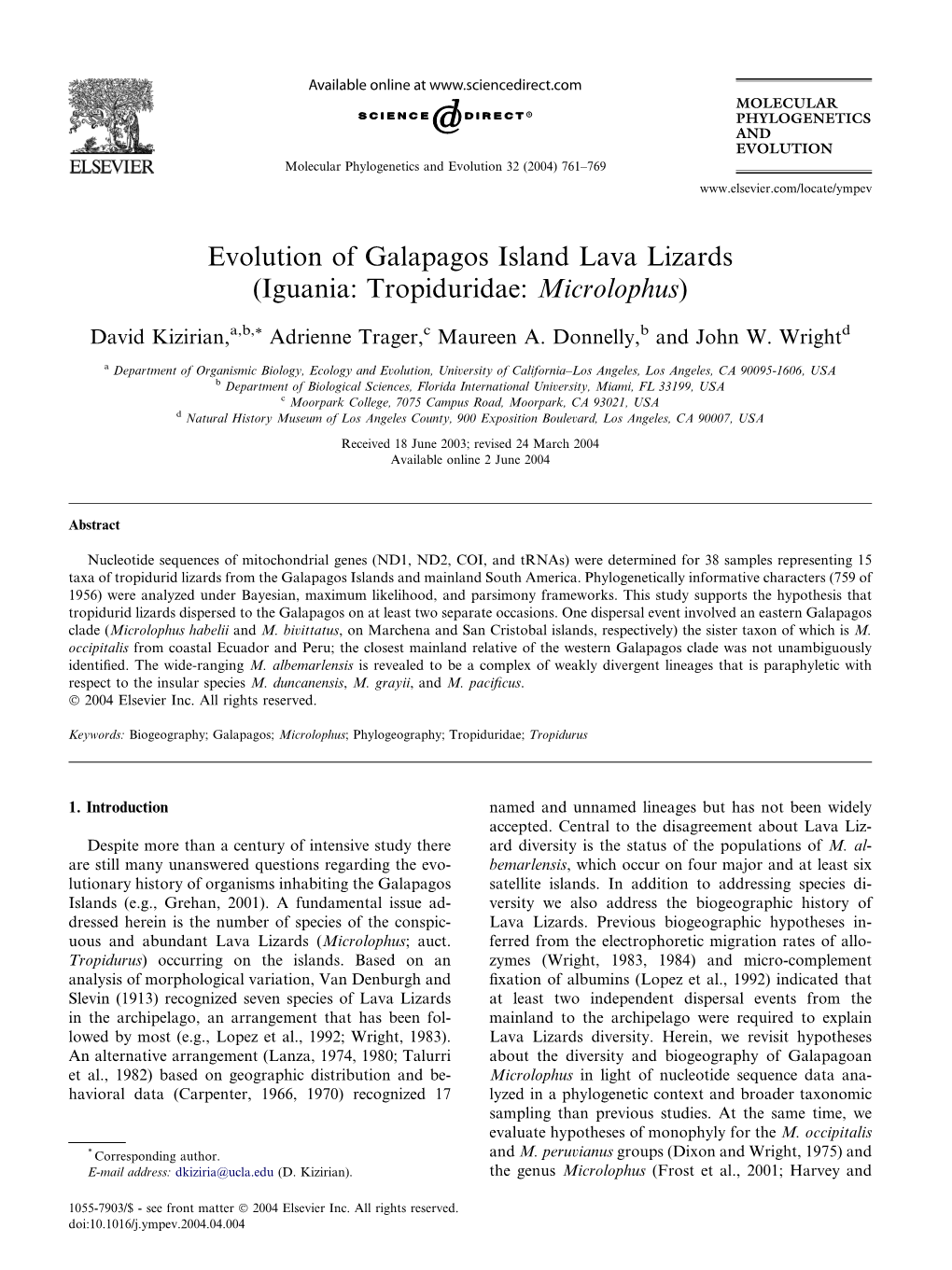 Evolution of Galapagos Island Lava Lizards (Iguania: Tropiduridae: Microlophus)