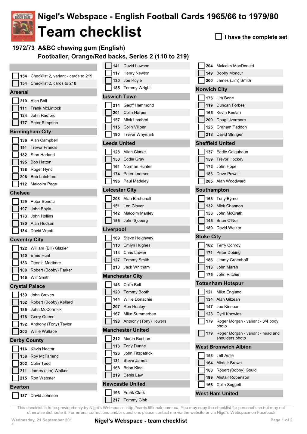 Team Checklist I Have the Complete Set 1972/73 A&BC Chewing Gum (English) Footballer, Orange/Red Backs, Series 2 (110 to 219)