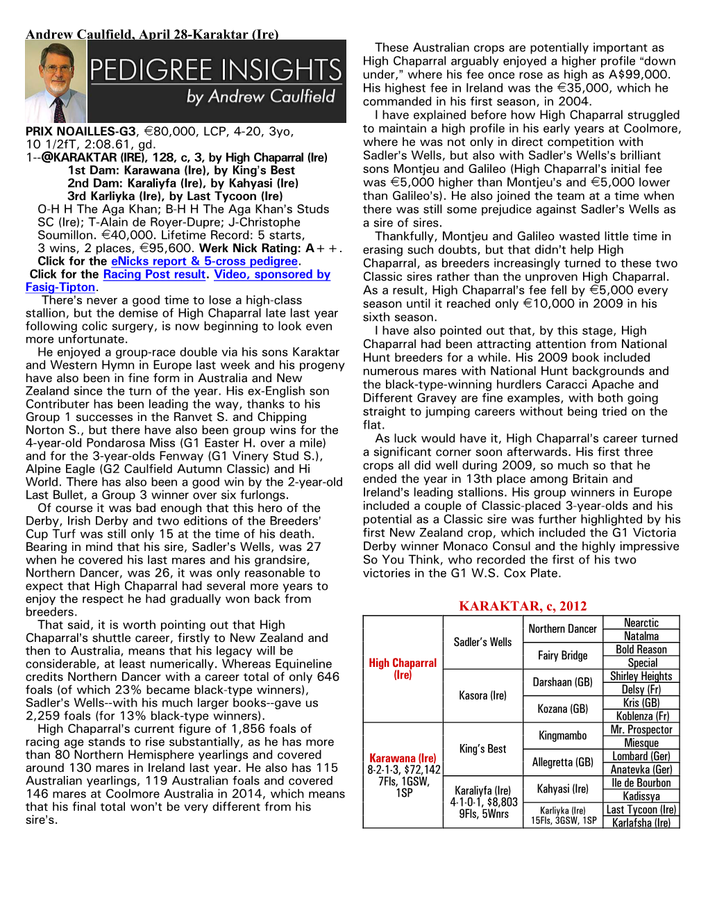 Ire) These Australian Crops Are Potentially Important As High Chaparral Arguably Enjoyed a Higher Profile Adown Under,@ Where His Fee Once Rose As High As A$99,000