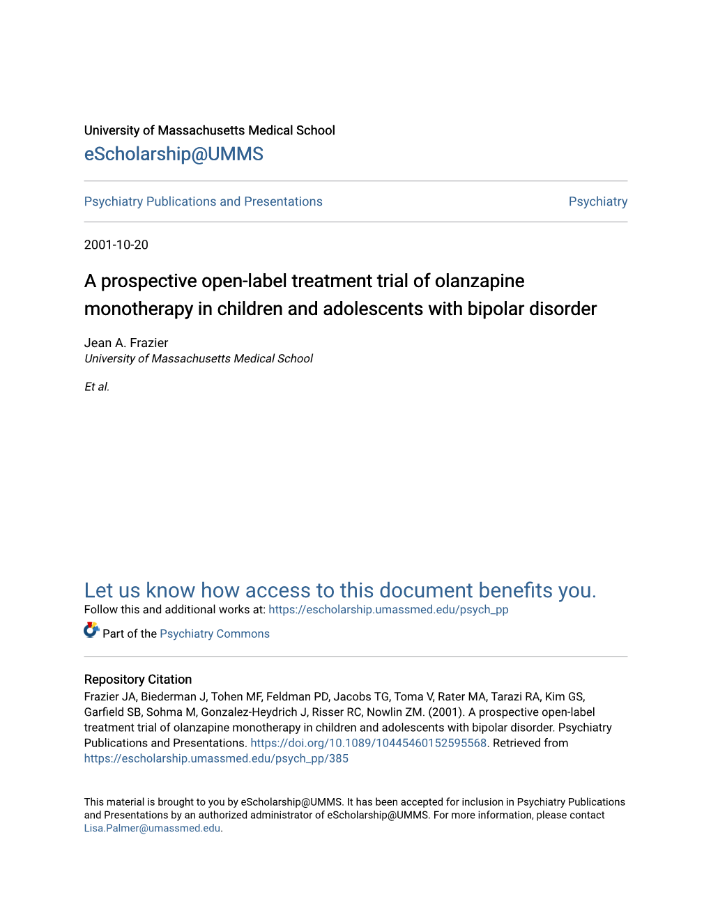 A Prospective Open-Label Treatment Trial of Olanzapine Monotherapy in Children and Adolescents with Bipolar Disorder