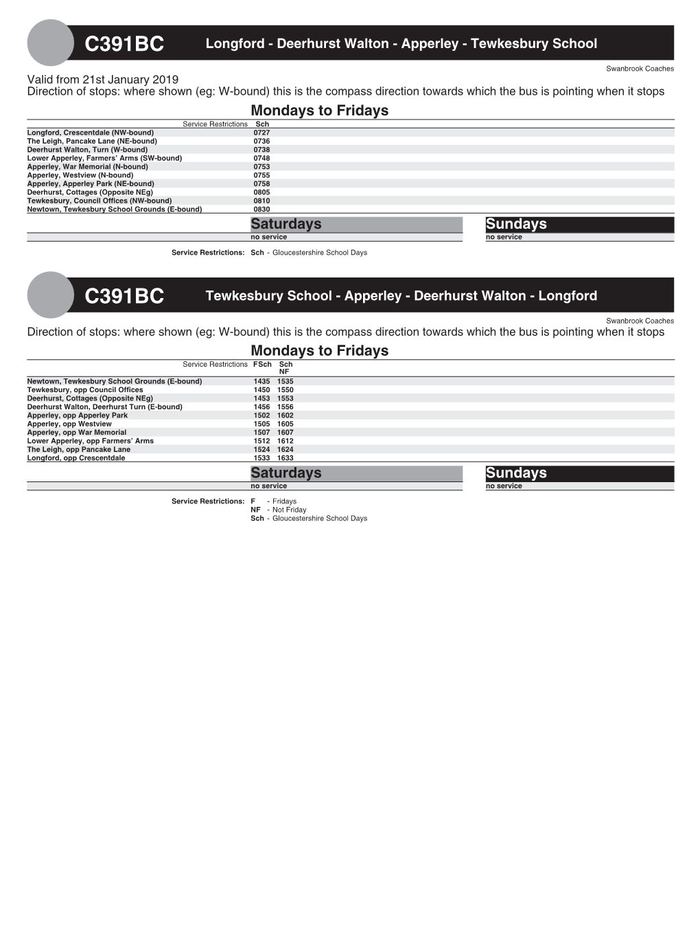 C391BC Longford - Deerhurst Walton - Apperley - Tewkesbury School