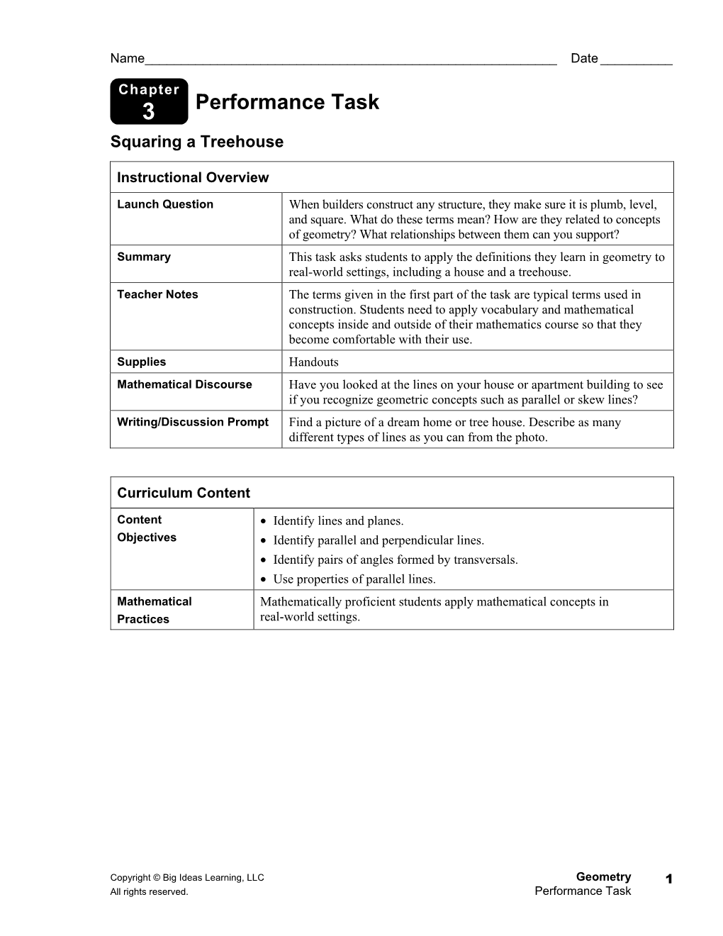 Performance Task Squaring a Treehouse