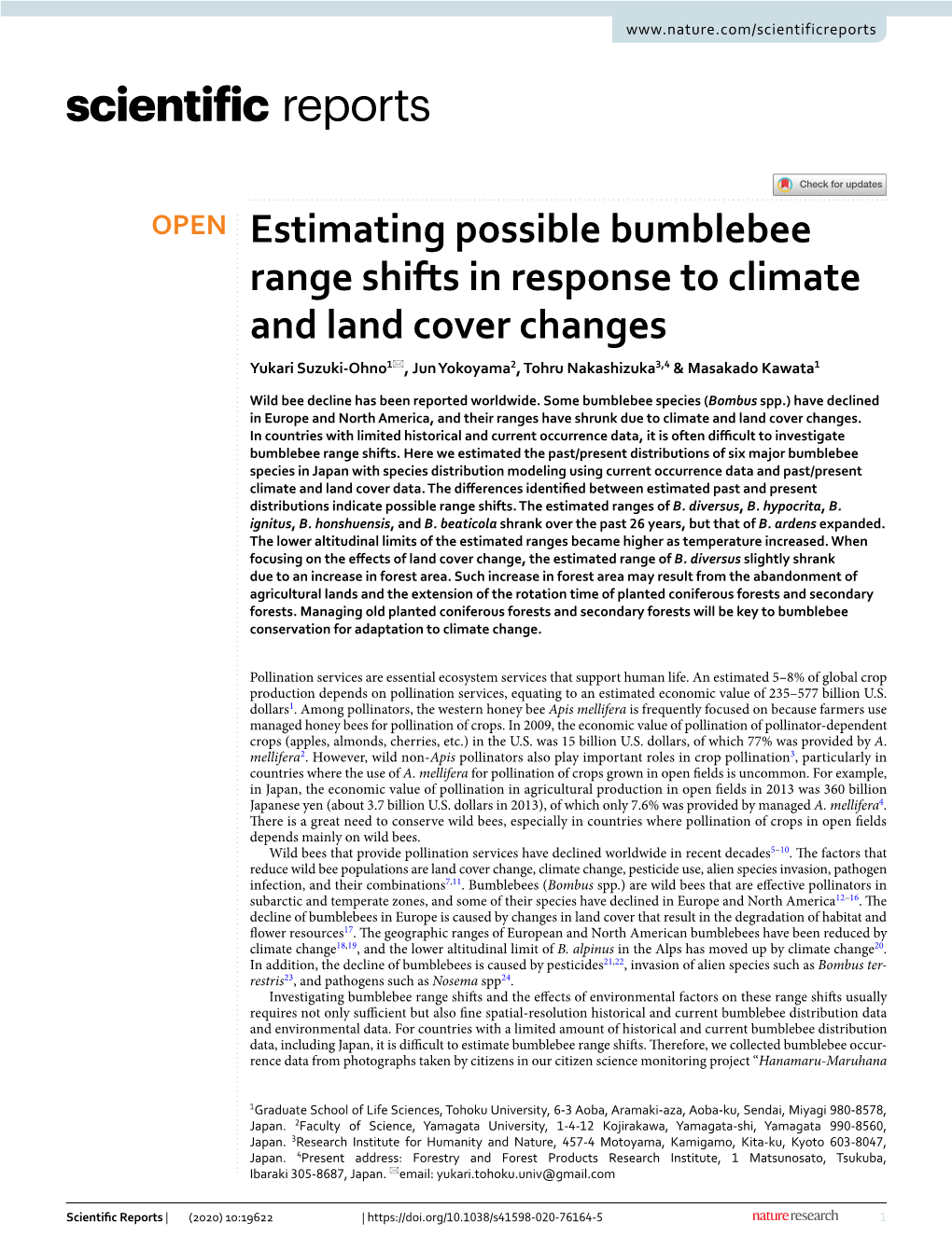 Estimating Possible Bumblebee Range Shifts in Response to Climate and Land Cover Changes Yukari Suzuki‑Ohno1*, Jun Yokoyama2, Tohru Nakashizuka3,4 & Masakado Kawata1