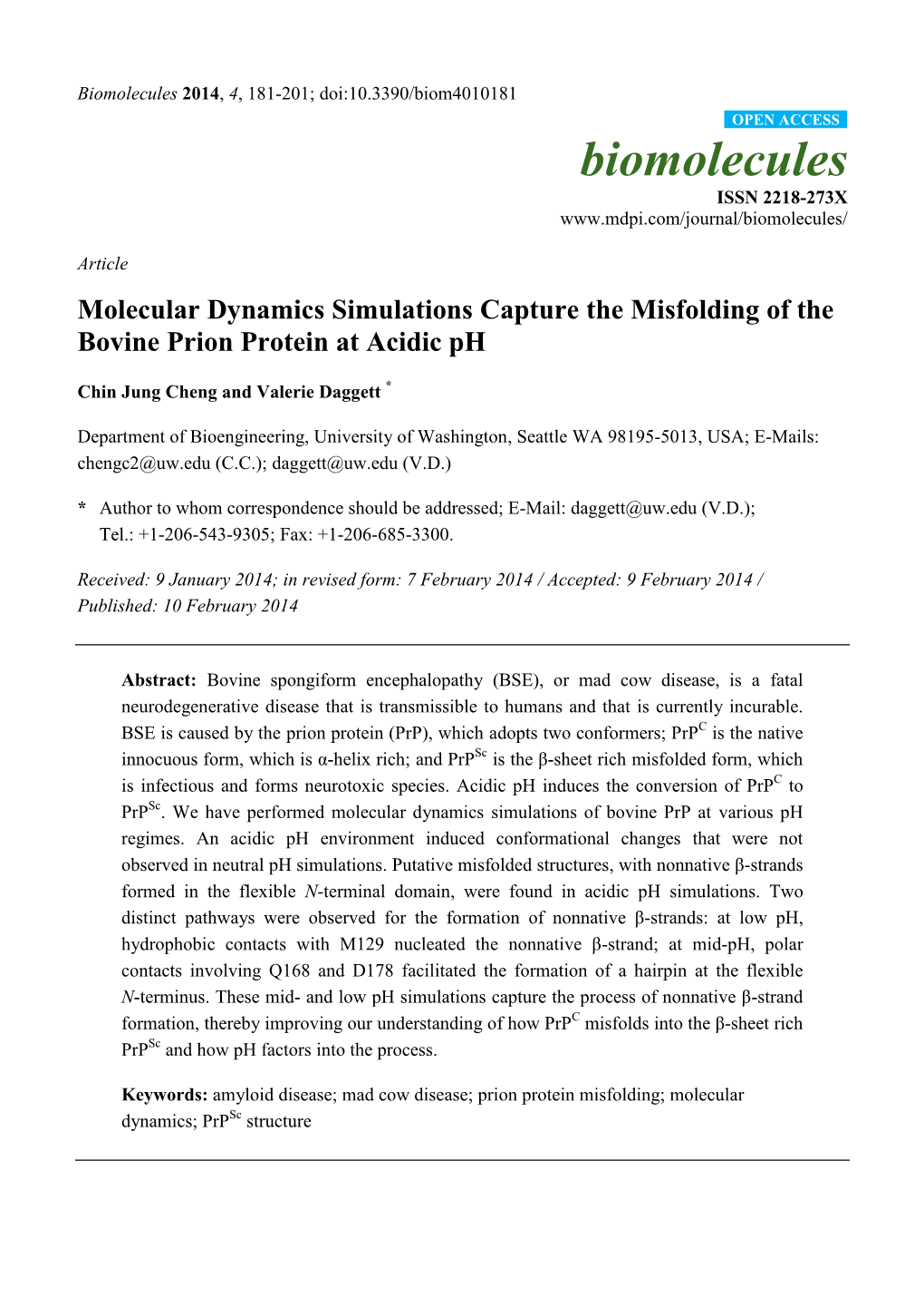 Molecular Dynamics Simulations Capture the Misfolding of the Bovine Prion Protein at Acidic Ph