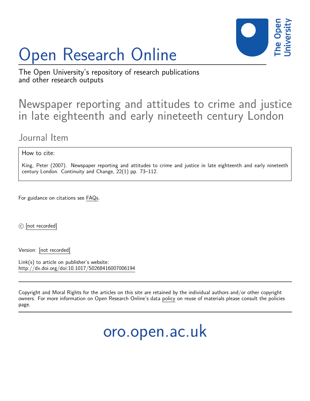 Newspaper Reporting and Attitudes to Crime and Justice in Late Eighteenth and Early Nineteeth Century London