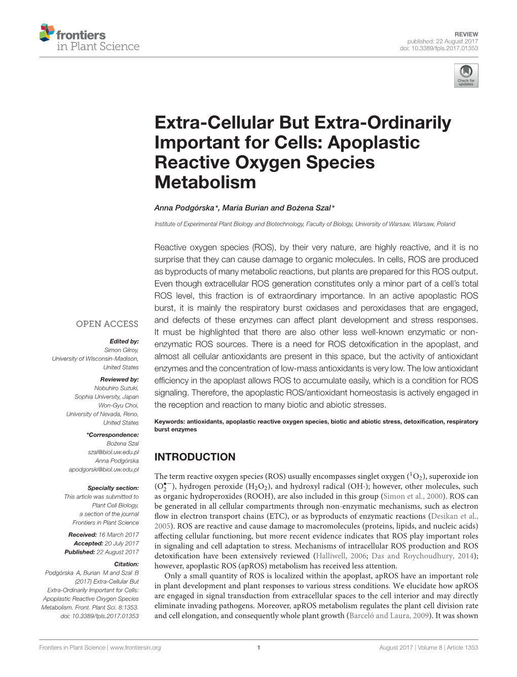 Apoplastic Reactive Oxygen Species Metabolism