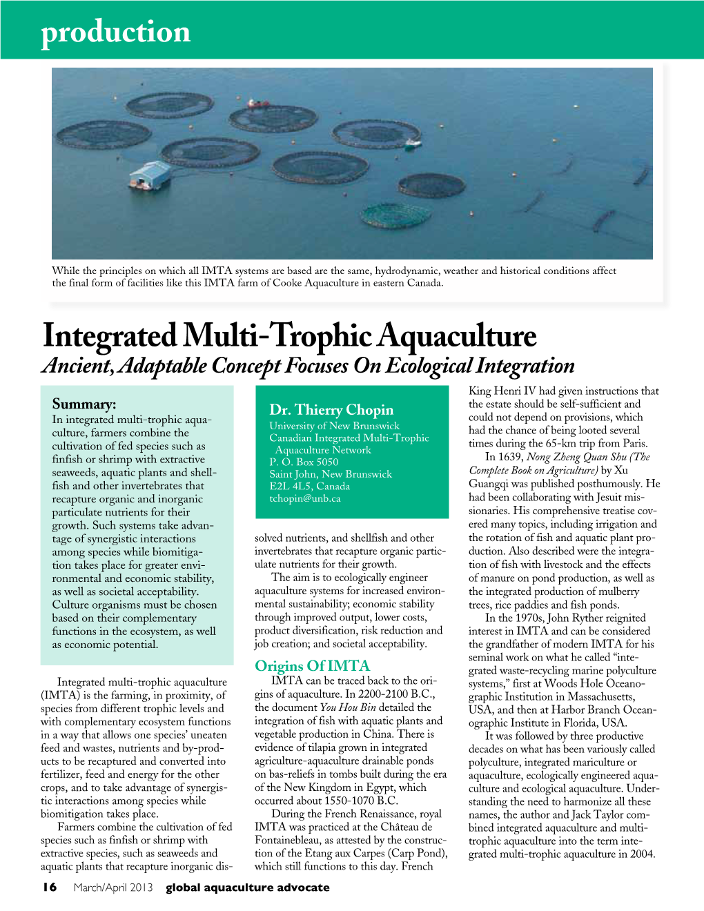 Integrated Multi-Trophic Aquaculture Ancient, Adaptable Concept Focuses on Ecological Integration King Henri IV Had Given Instructions That Summary: Dr