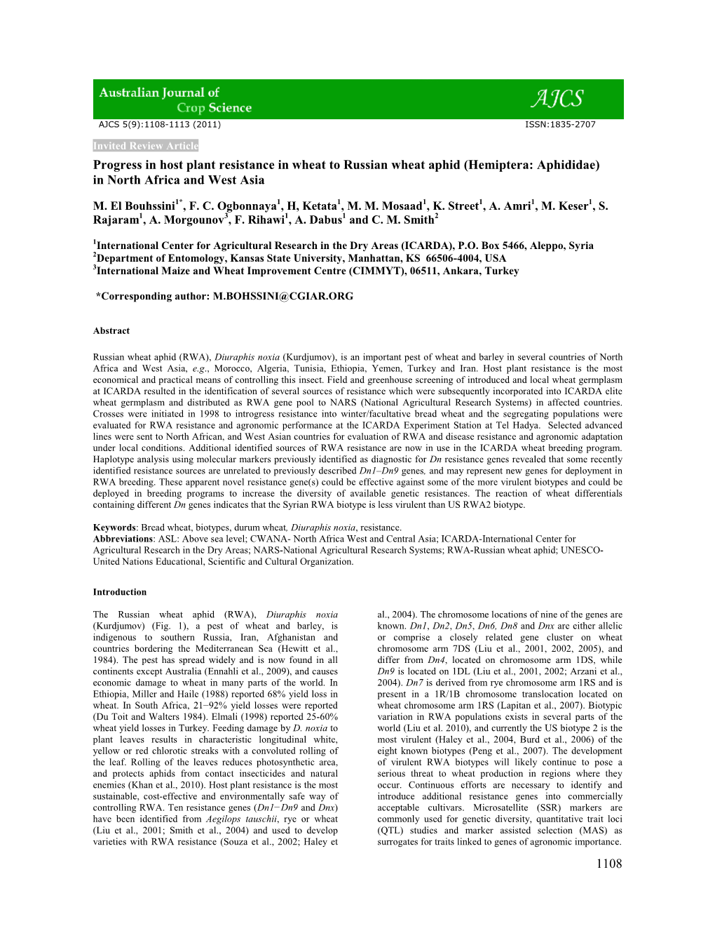 1108 Progress in Host Plant Resistance in Wheat to Russian Wheat Aphid