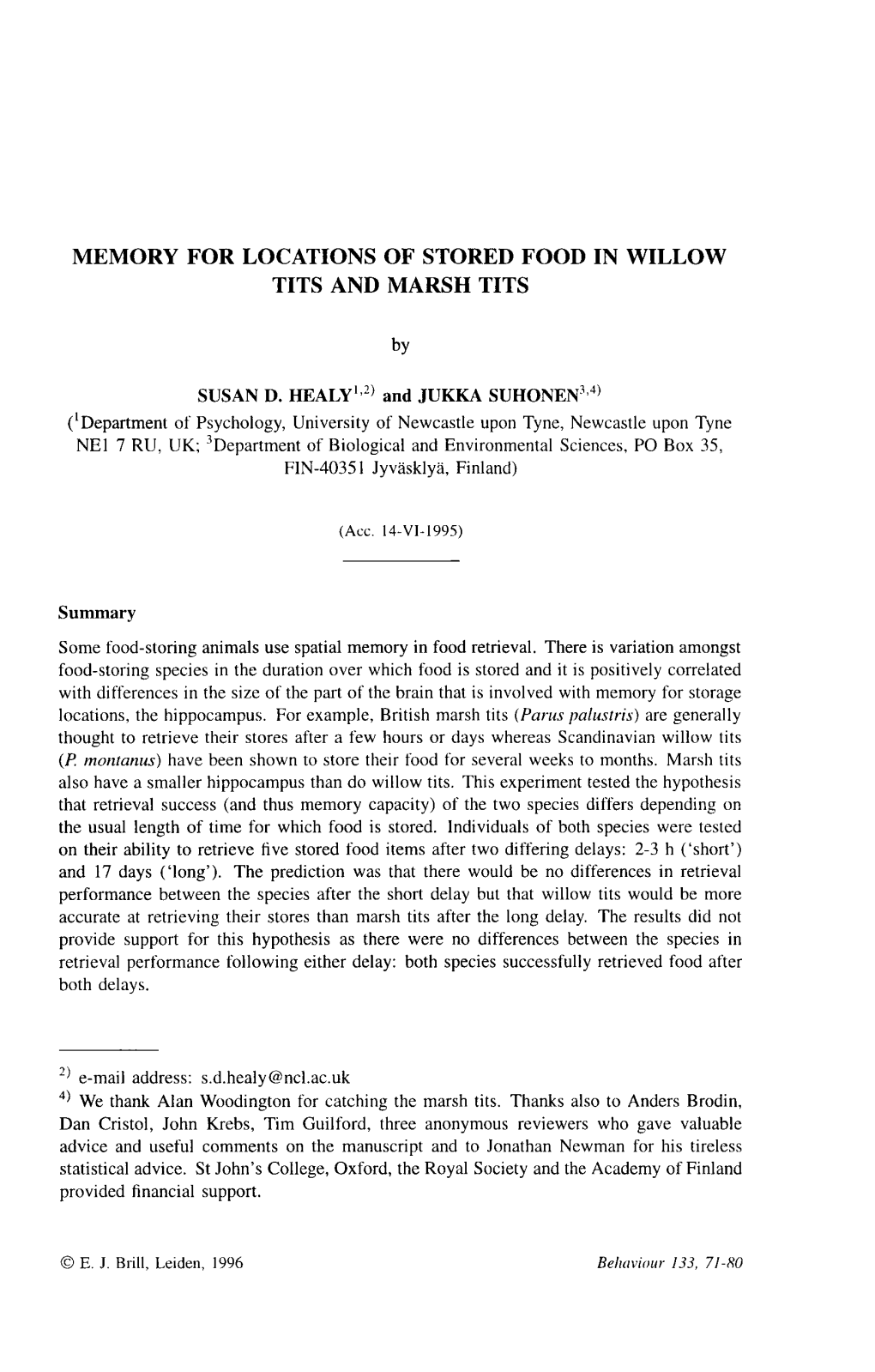 Memory for Locations of Stored Food in Willow Tits and Marsh Tits