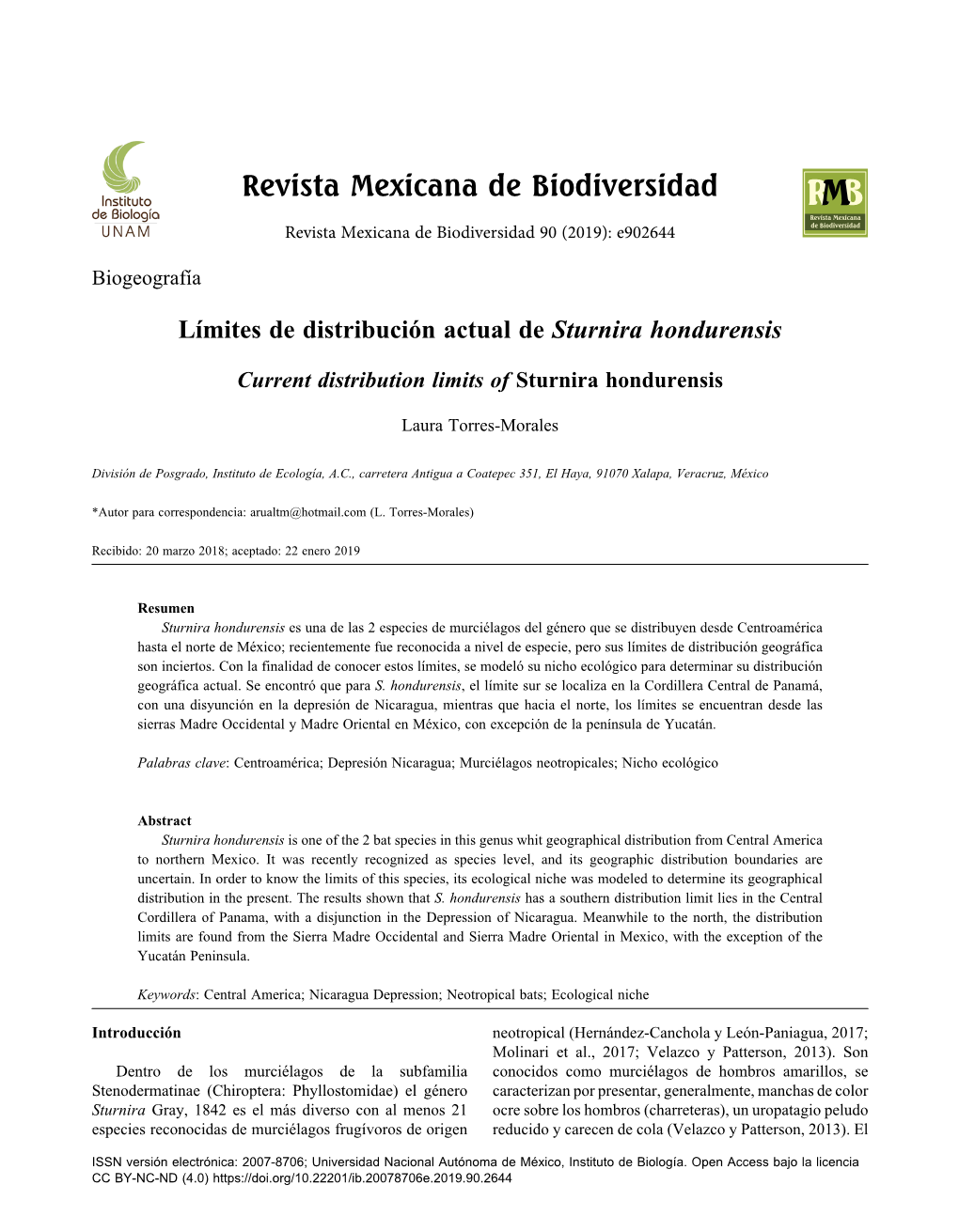 Límites De Distribución Actual De Sturnira Hondurensis