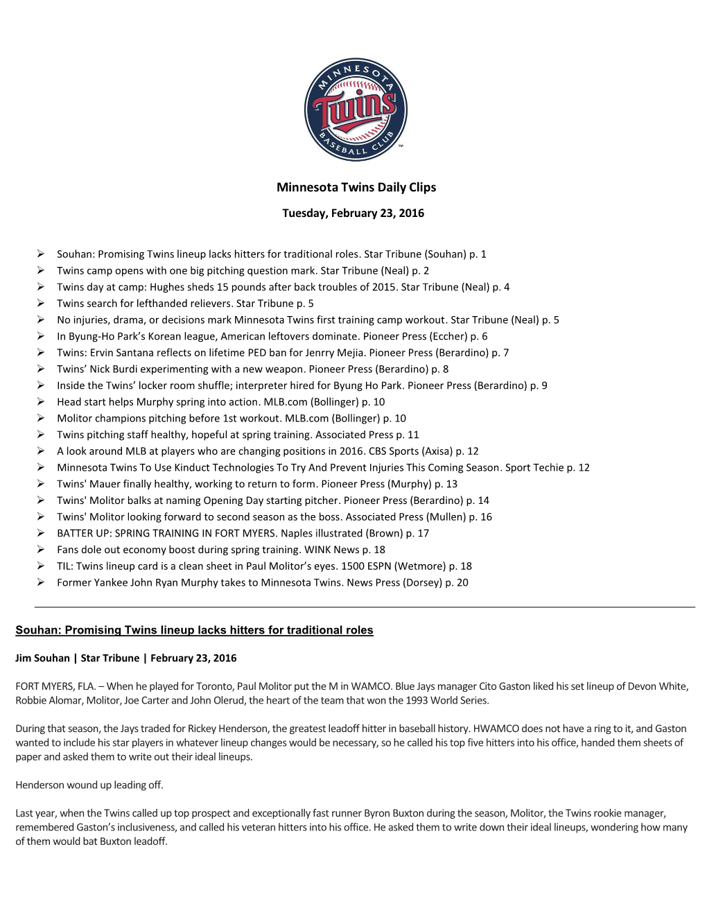 Minnesota Twins Daily Clips Tuesday, February 23, 2016