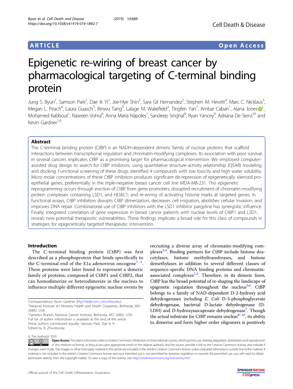 Epigenetic Re-Wiring of Breast Cancer by Pharmacological Targeting of C-Terminal Binding Protein Jung S