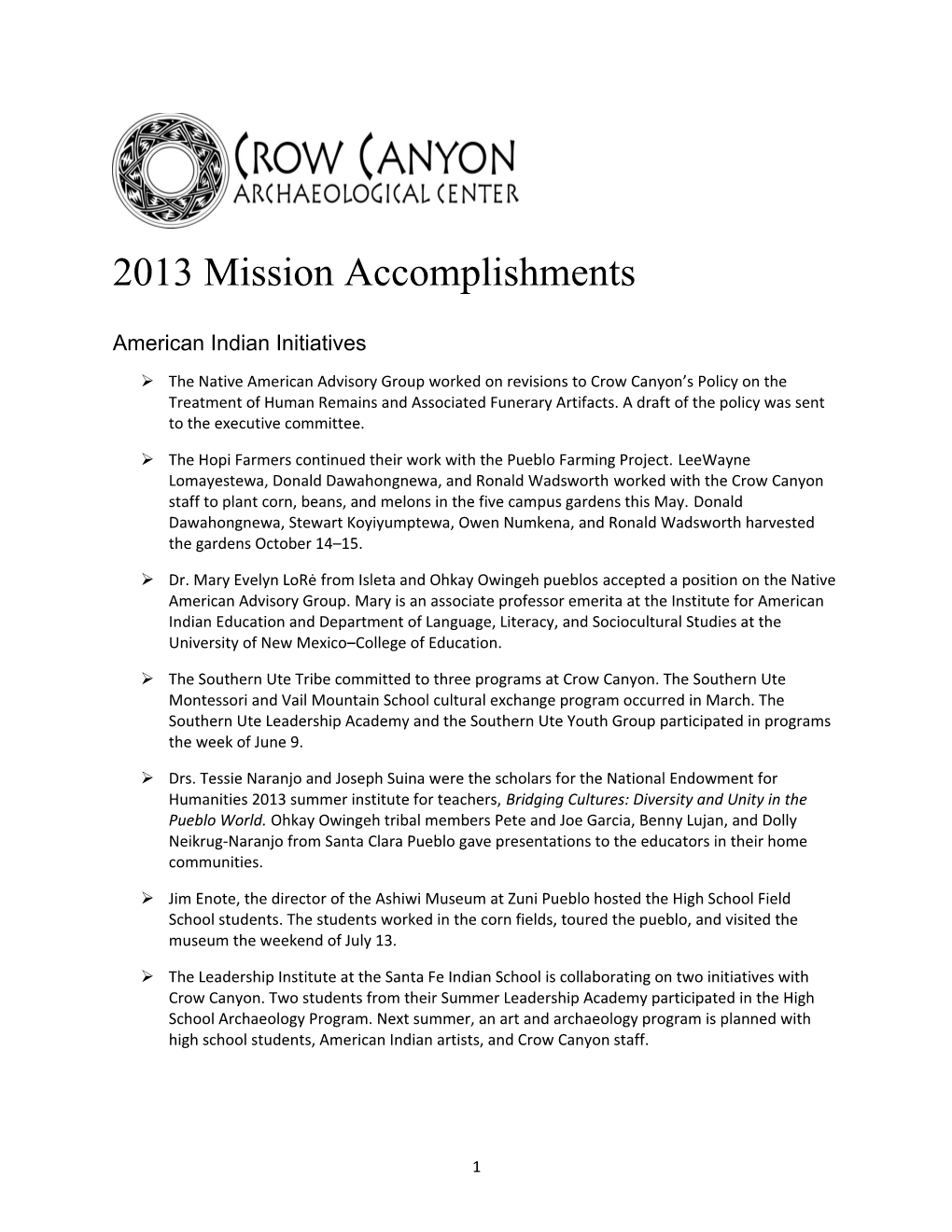 2013 Mission Accomplishments