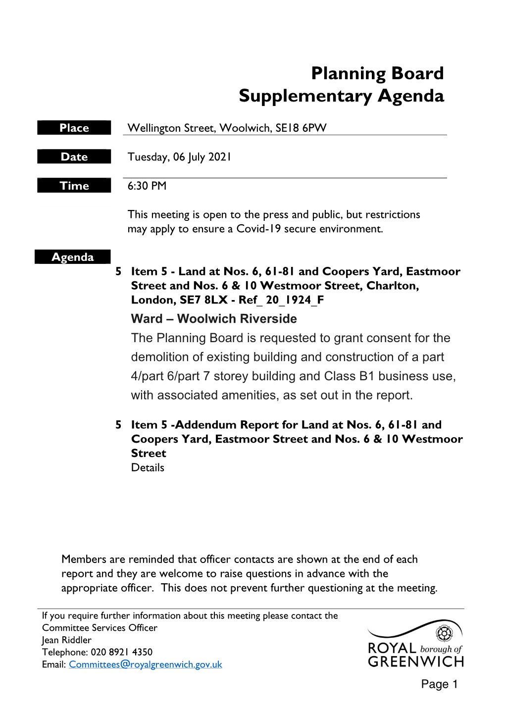 Planning Board Supplementary Agenda