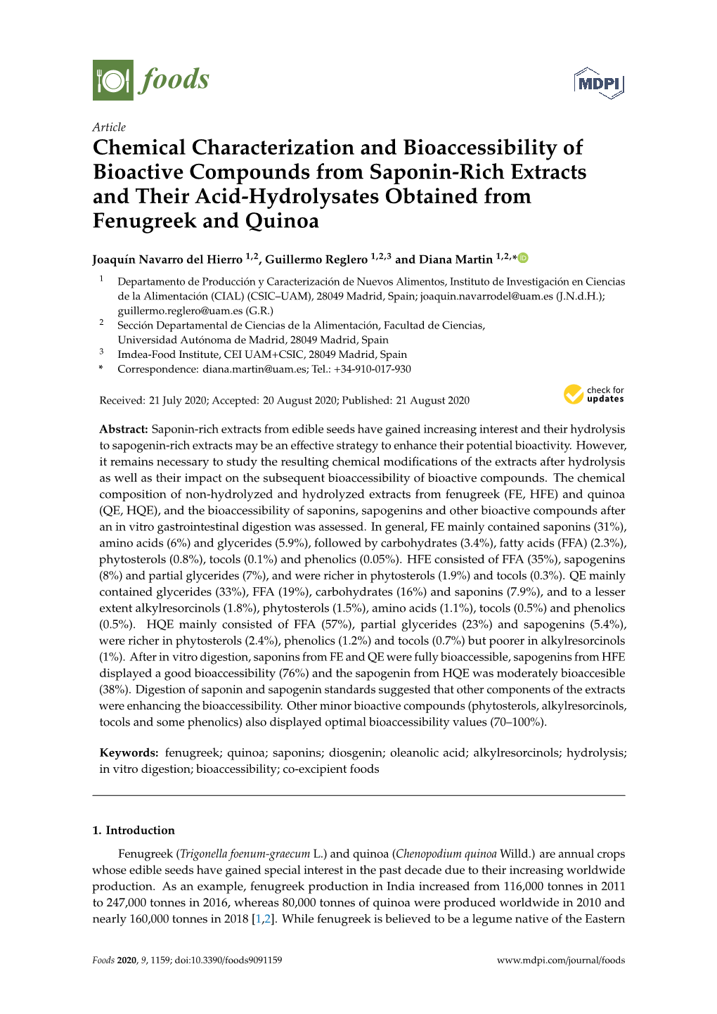 Bioactive Compounds from Saponin-Rich Extracts and Their Acid-Hydrolysates Obtained from Fenugreek and Quinoa