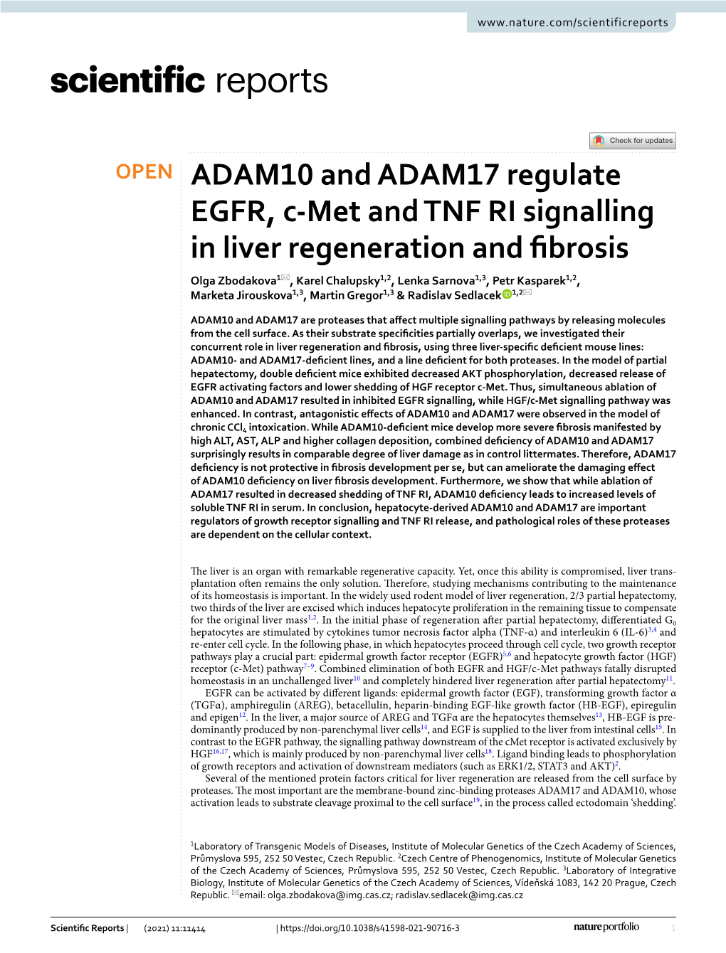 ADAM10 and ADAM17 Regulate EGFR, C-Met and TNF RI Signalling In