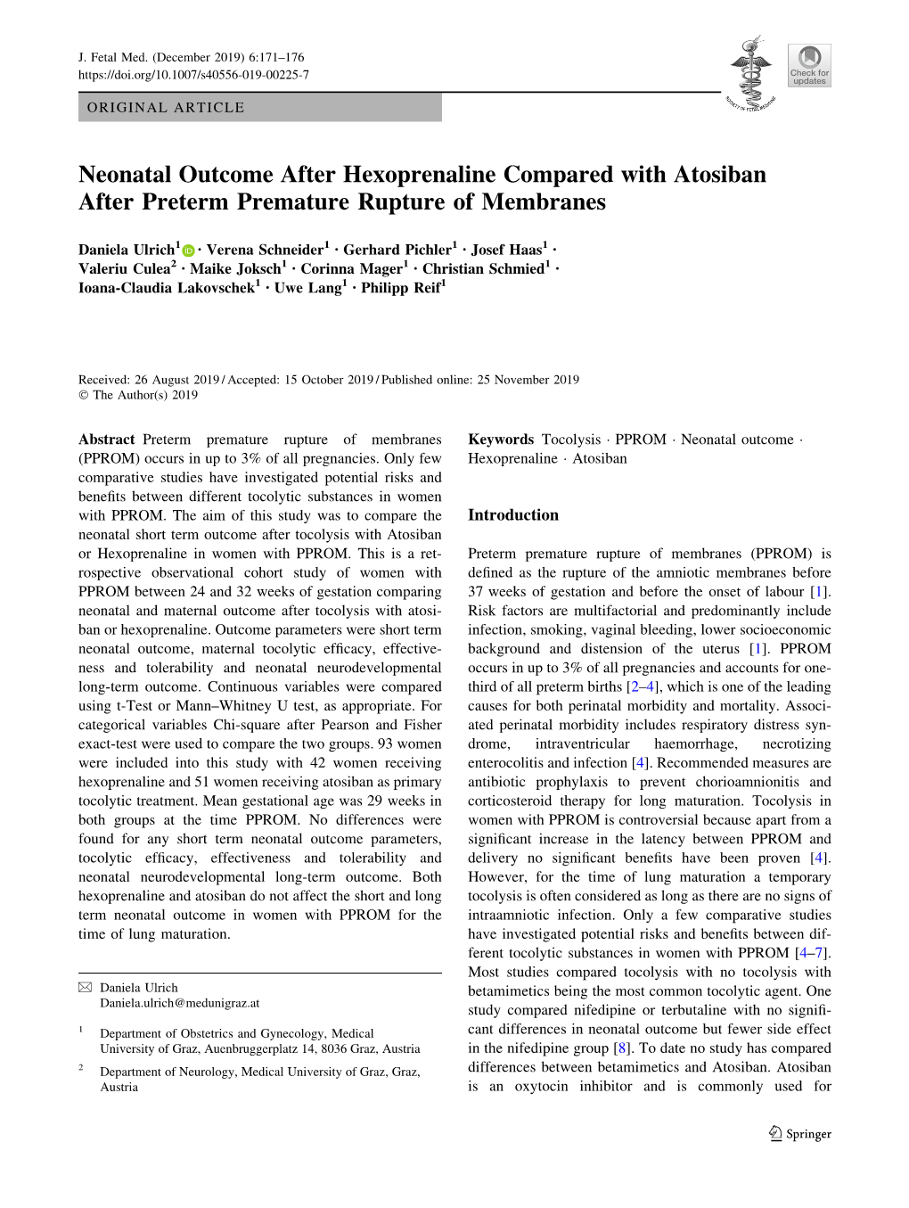 Neonatal Outcome After Hexoprenaline Compared with Atosiban After Preterm Premature Rupture of Membranes