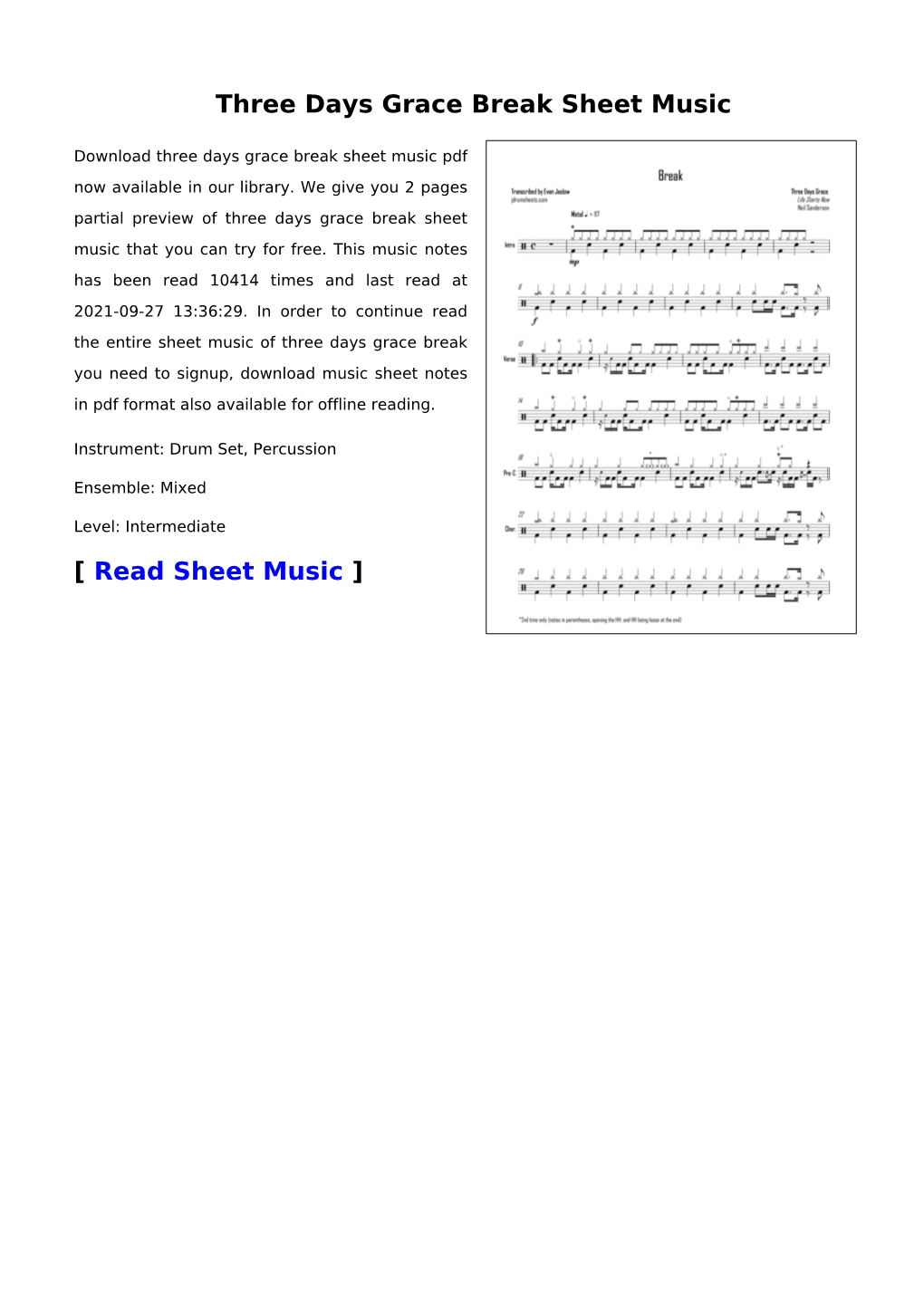 Three Days Grace Break Sheet Music