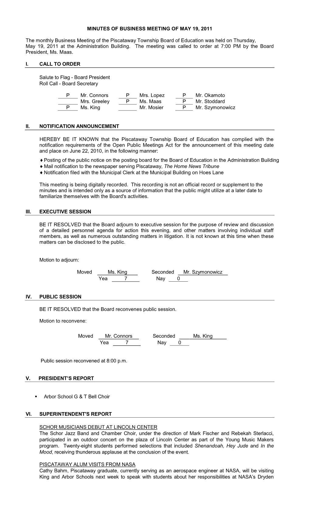 Minutes of Business Meeting of November 20, 2008