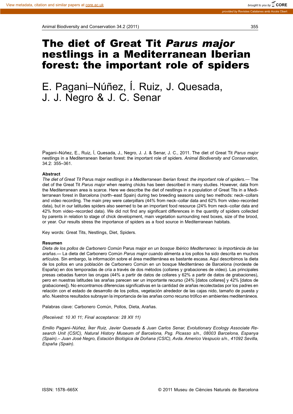 The Diet of Great Tit Parus Major Nestlings in a Mediterranean Iberian Forest: the Important Role of Spiders