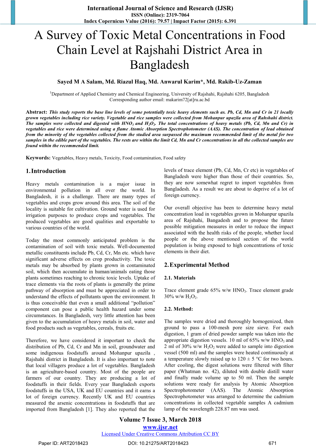 A Survey of Toxic Metal Concentrations in Food Chain Level at Rajshahi District Area in Bangladesh