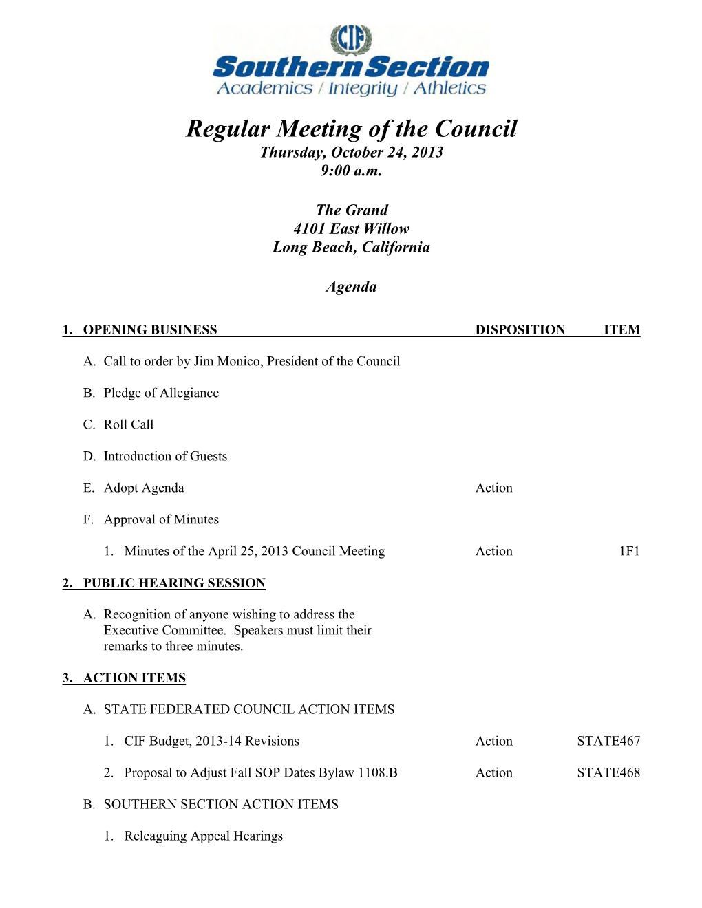 Regular Meeting of the Council Thursday, October 24, 2013 9:00 A.M